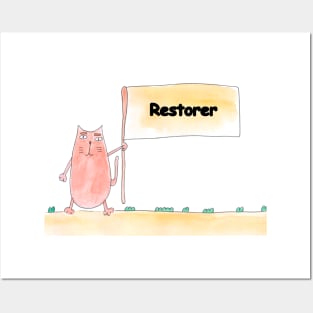 Restorer. Profession, work, job. Cat shows a banner with the inscription. Watercolor illustration. A gift for a professional. Posters and Art